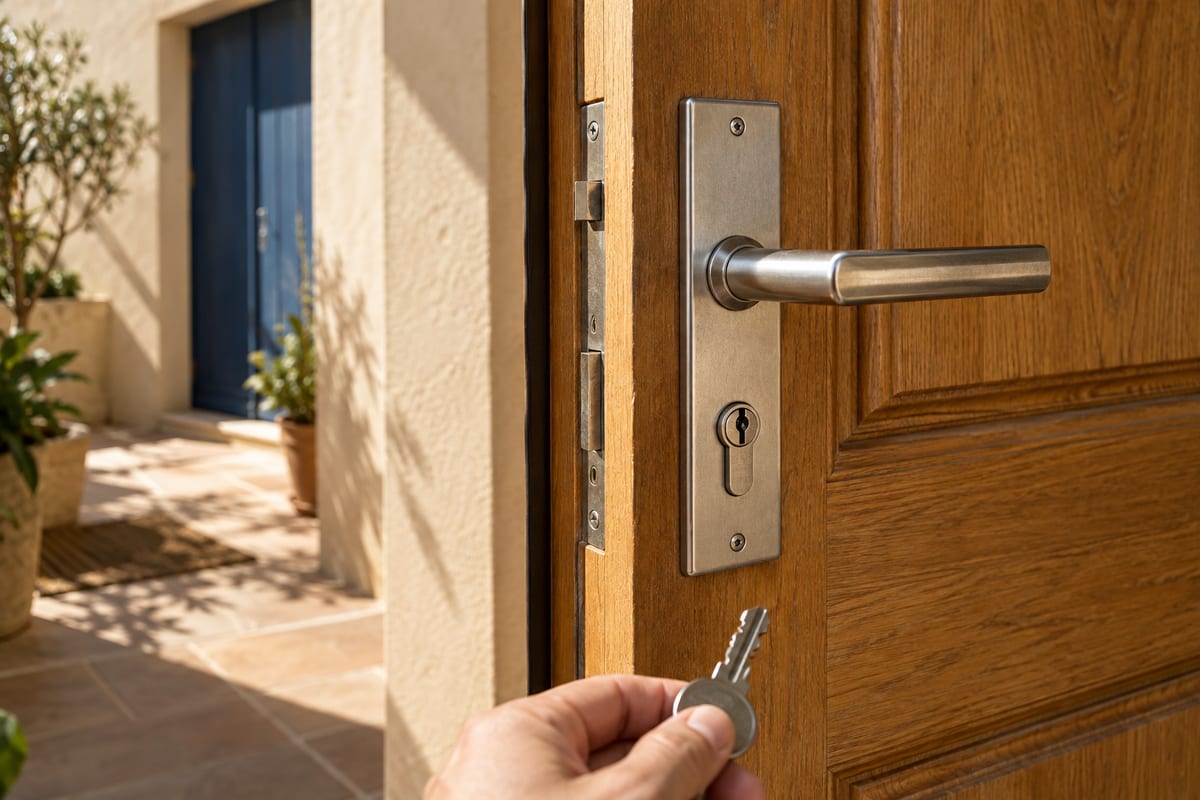 Puerta de madera cálida con manilla y cilindro metálicos, iluminada por luz natural. Imagen generada con IA.